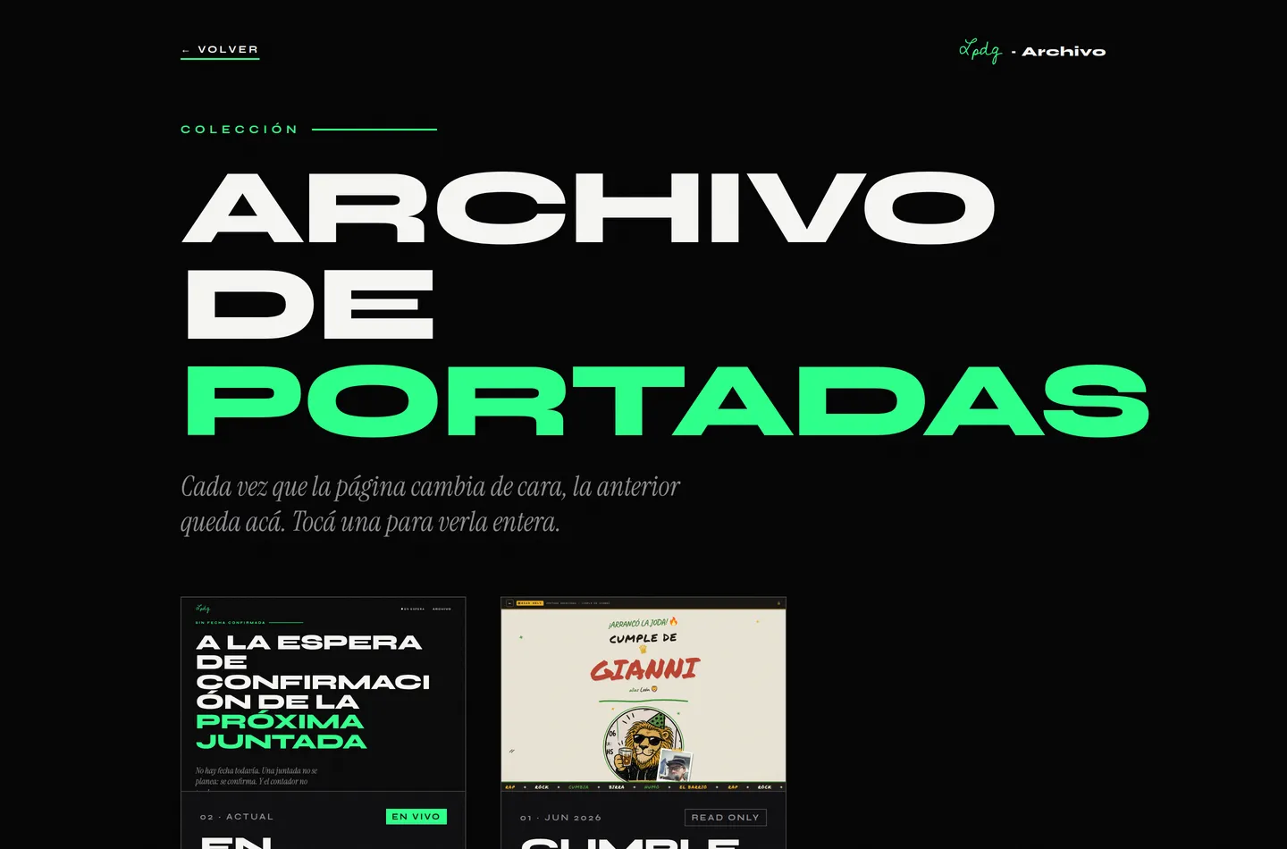 Archivo de portadas: cada vez que la página cambia de cara, la anterior queda guardada