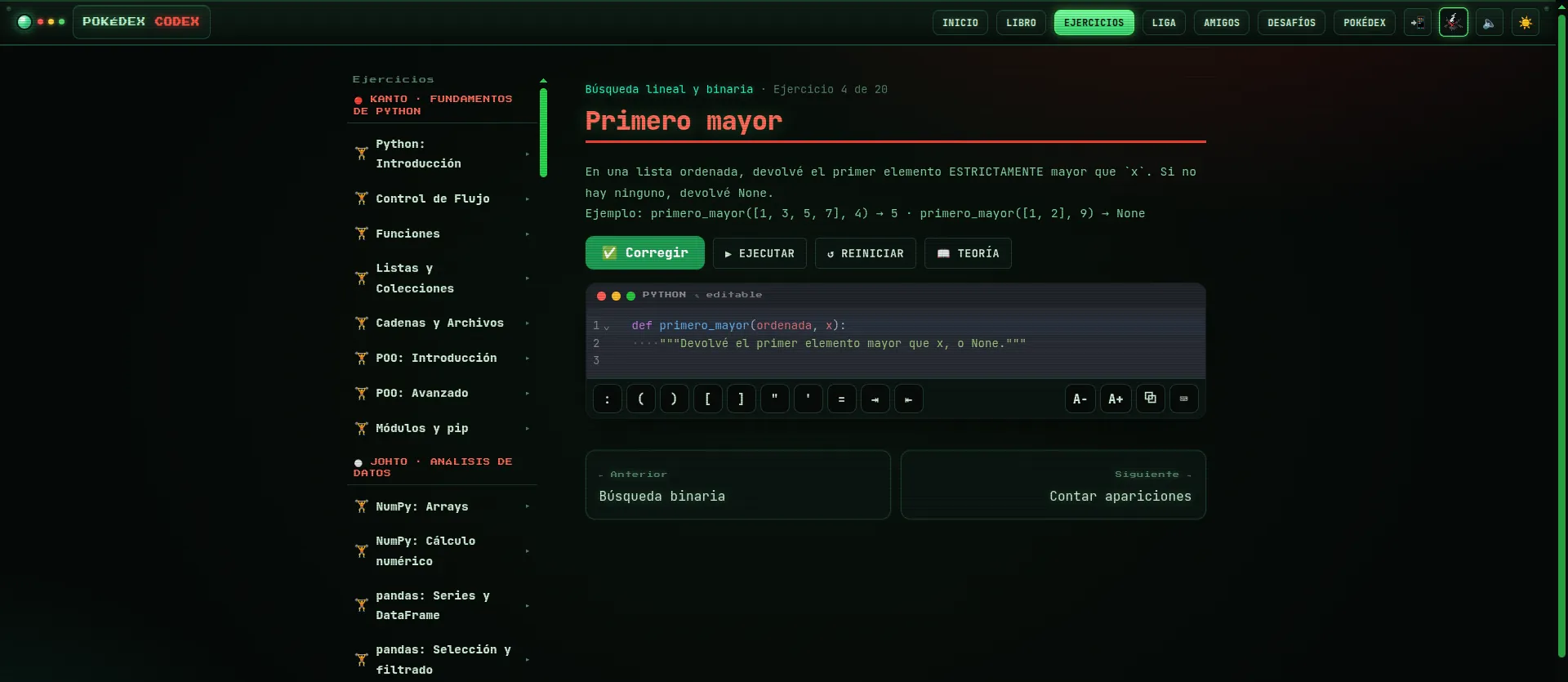 Ejercicios en vivo, corregidos con pytest real en el navegador