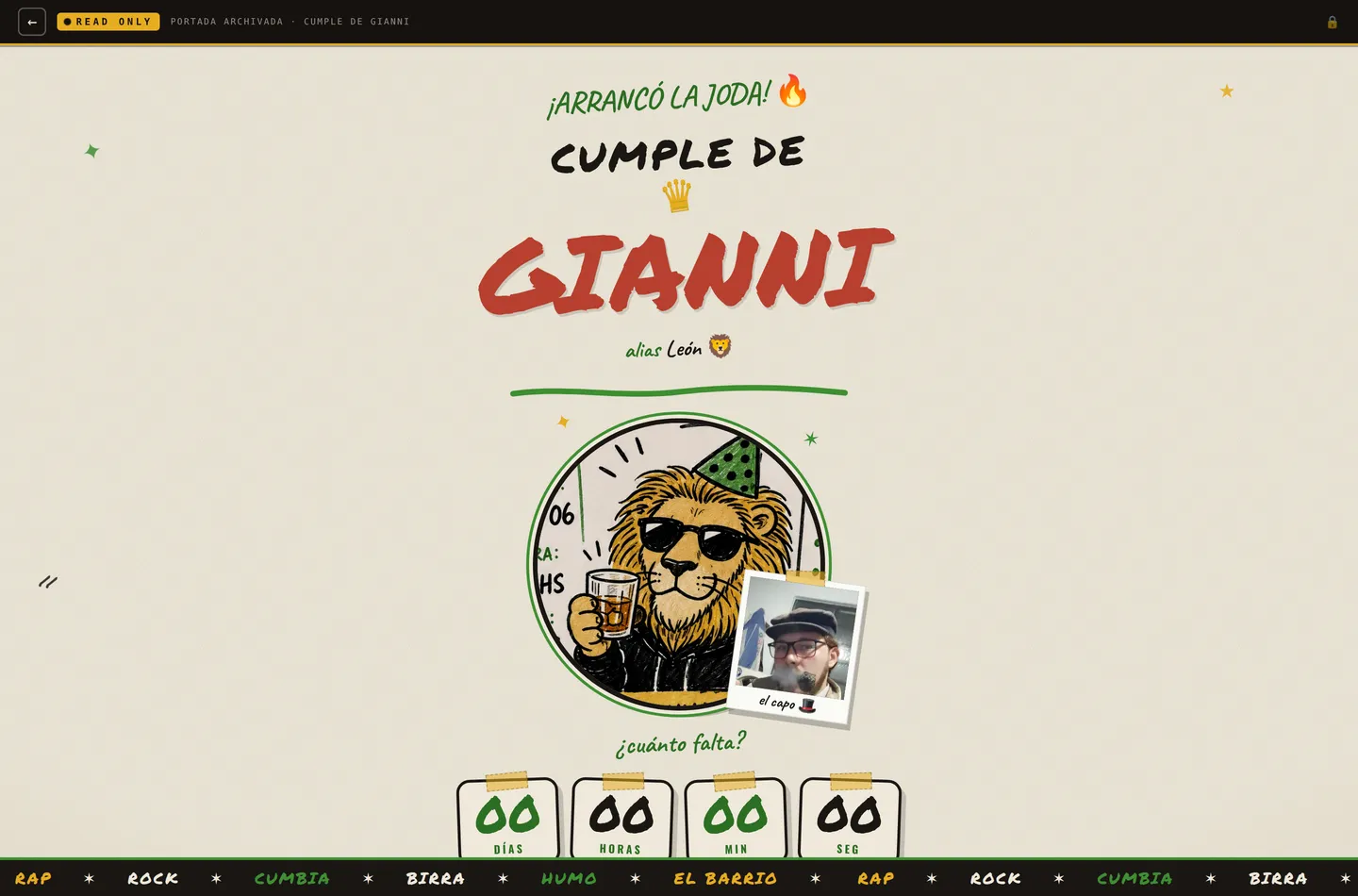 Una portada vieja archivada (el cumple de Gianni), con identidad propia