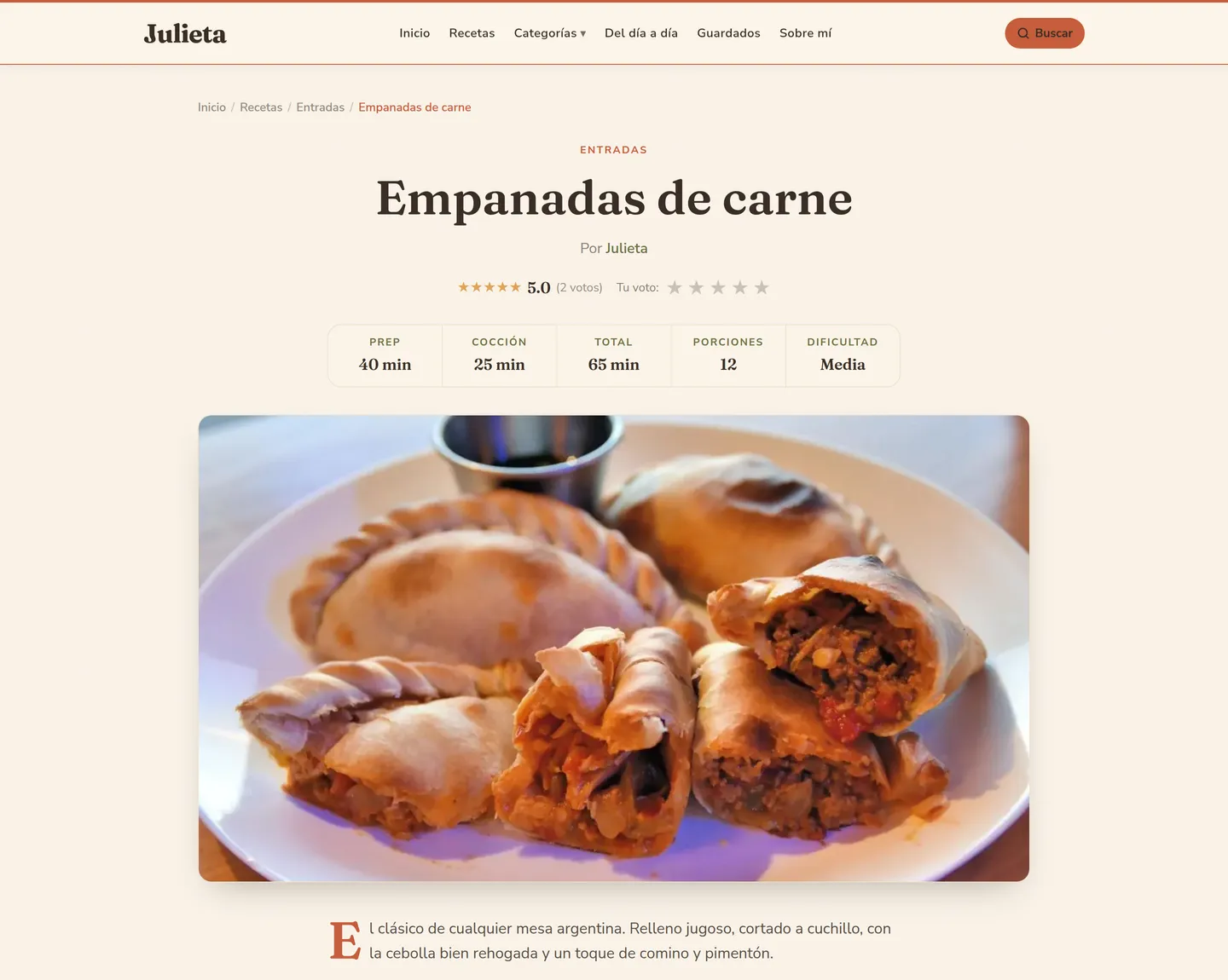 Página de receta: meta strip (prep/cocción/porciones), foto hero e ingredientes