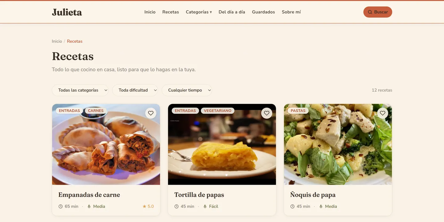 Listado de recetas con filtros por categoría, dificultad y tiempo